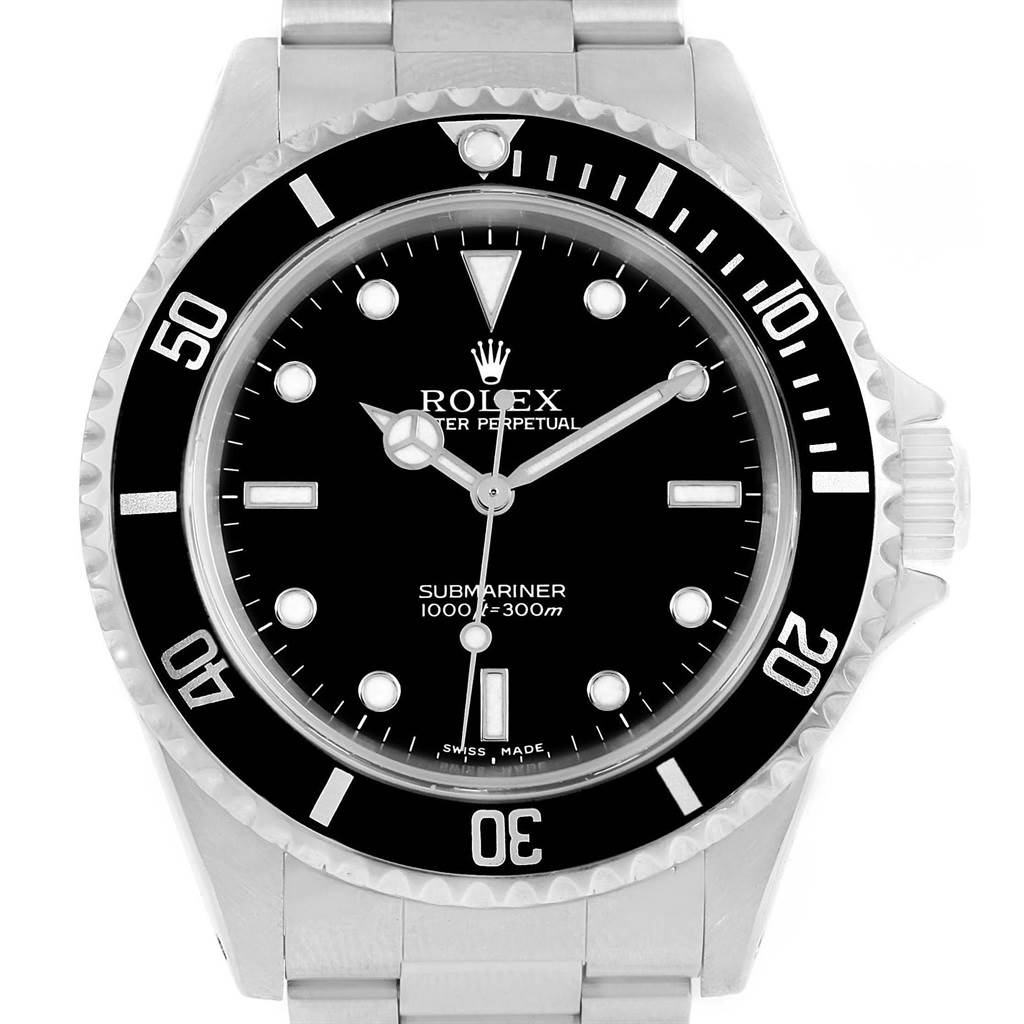 The image shows a front view of a Rolex Submariner 14060 Men's Stainless Steel Black Dial 14060 Men's Stainless Steel Black Dial watch, highlighting the dial, bezel, and bracelet.