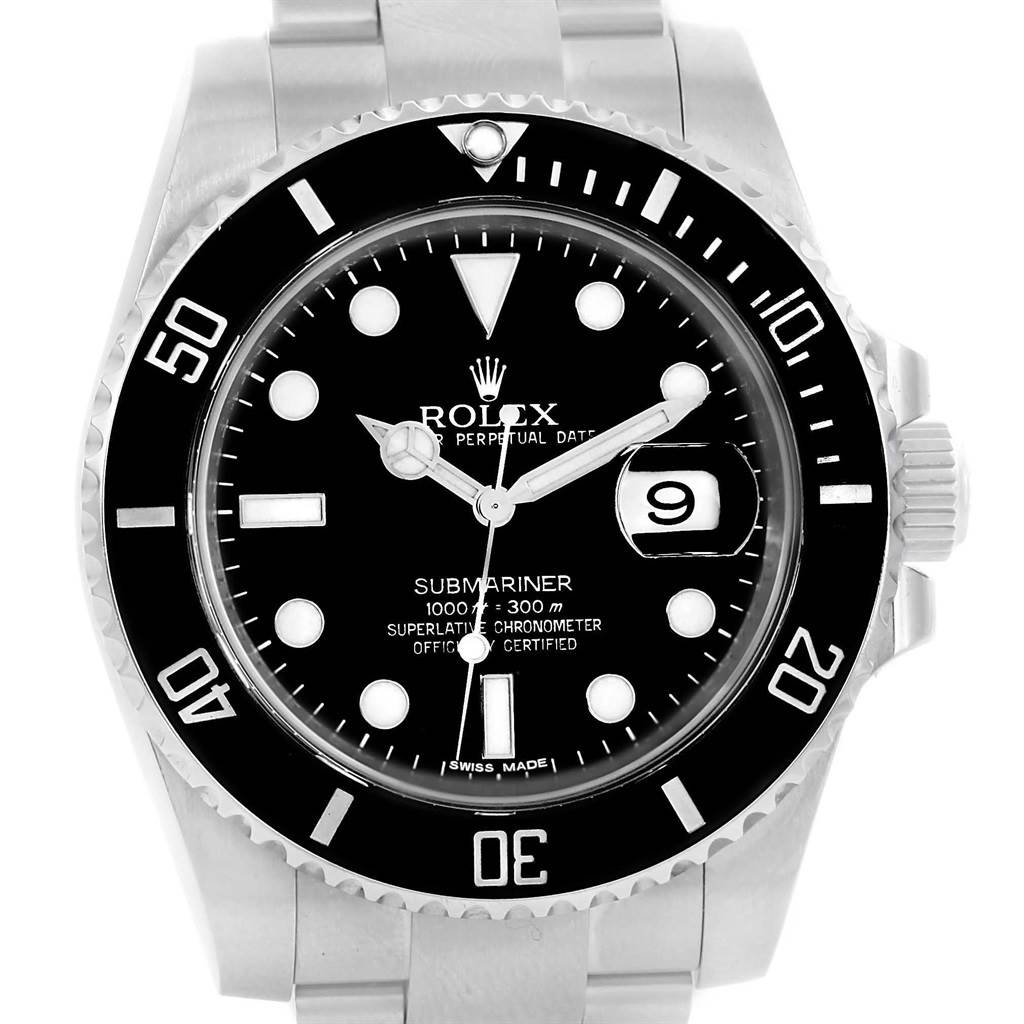 The image shows a frontal view of the Rolex Submariner 116610 Men's Stainless Steel Black Dial 116610 Men's Stainless Steel Black Dial watch, highlighting the black dial, date window, and unidirectional bezel.
