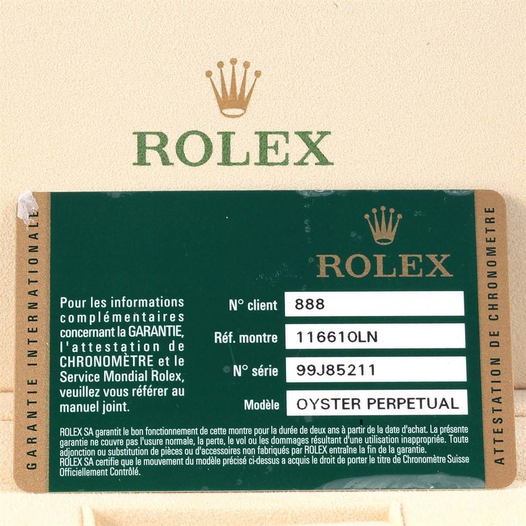 The image shows a warranty card for a Rolex Submariner 116610 Men's Stainless Steel Black Dial 116610 Men's Stainless Steel Black Dial model 116610LN, with Rolex logos and information.