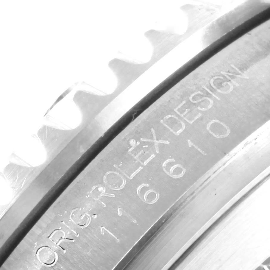 This close-up angle shows the engraved side of the bezel and case of the Rolex Submariner 116610 Men's Stainless Steel Black Dial 116610 Men's Stainless Steel Black Dial model 116610.