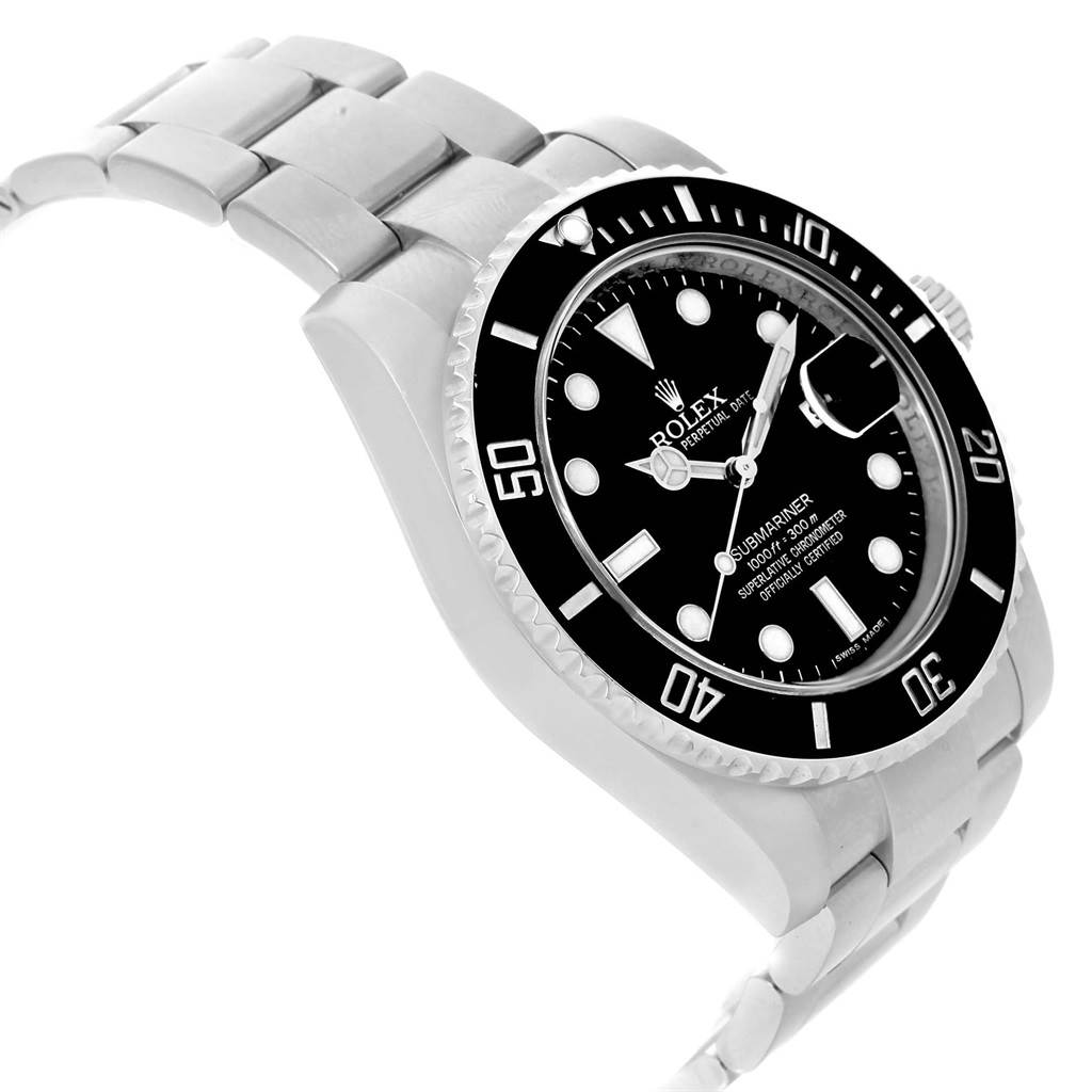 This image shows a Rolex Submariner 116610 Men's Stainless Steel Black Dial 116610 Men's Stainless Steel Black Dial watch at an angled view highlighting the watch face, bezel, and portion of the bracelet.