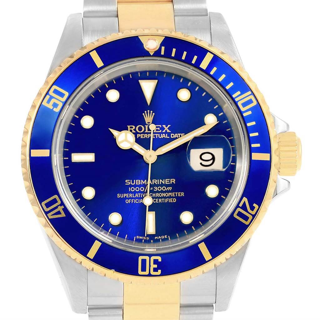 Rolex Submariner Blue Steel Yellow Gold Mens Watch 16613 Box Card ...