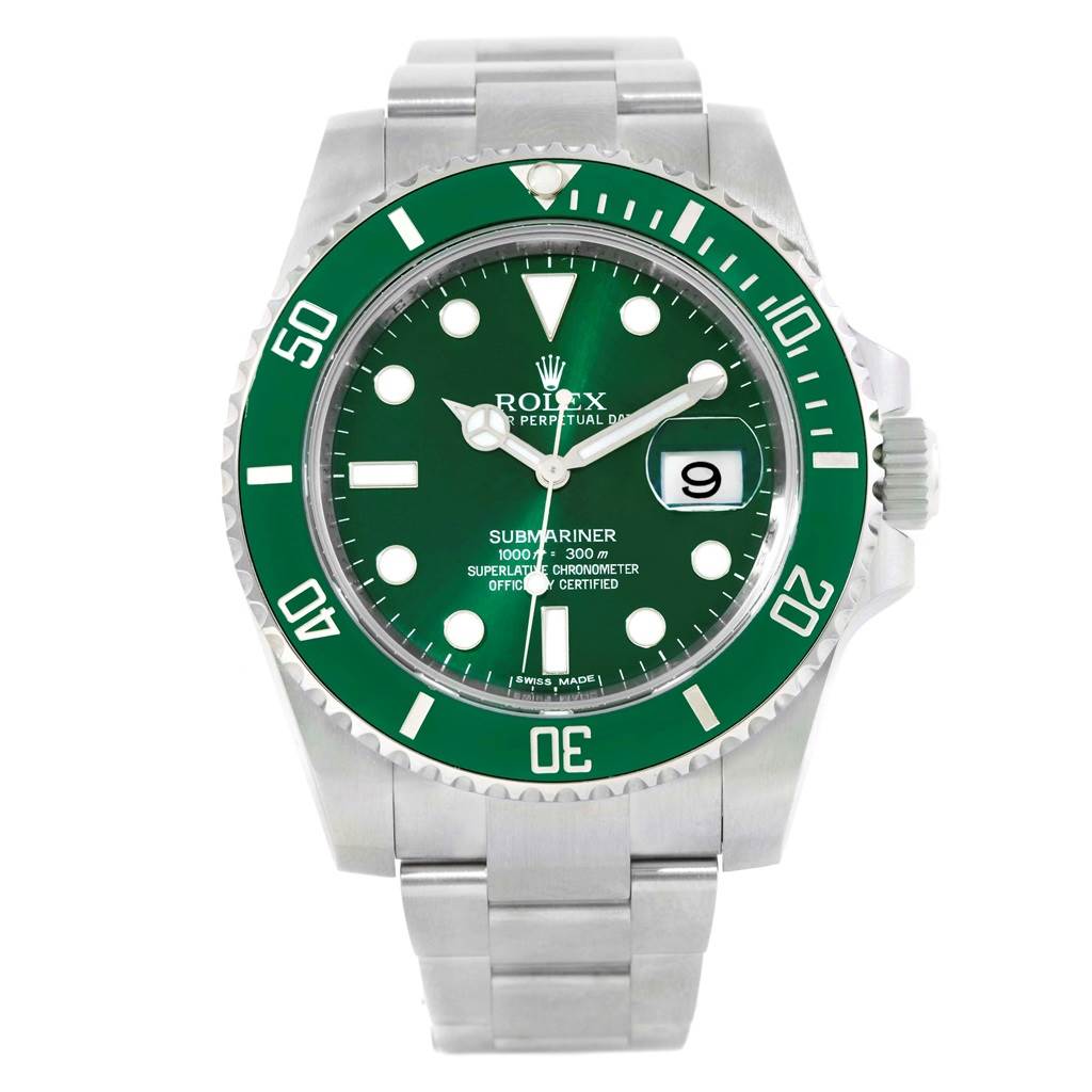 This is a front view of a Rolex Submariner 116610LV Men
s Stainless Steel Green Dial 116610LV Men
s Stainless Steel Green Dial watch, showcasing its green bezel, dial, and stainless steel bracelet.