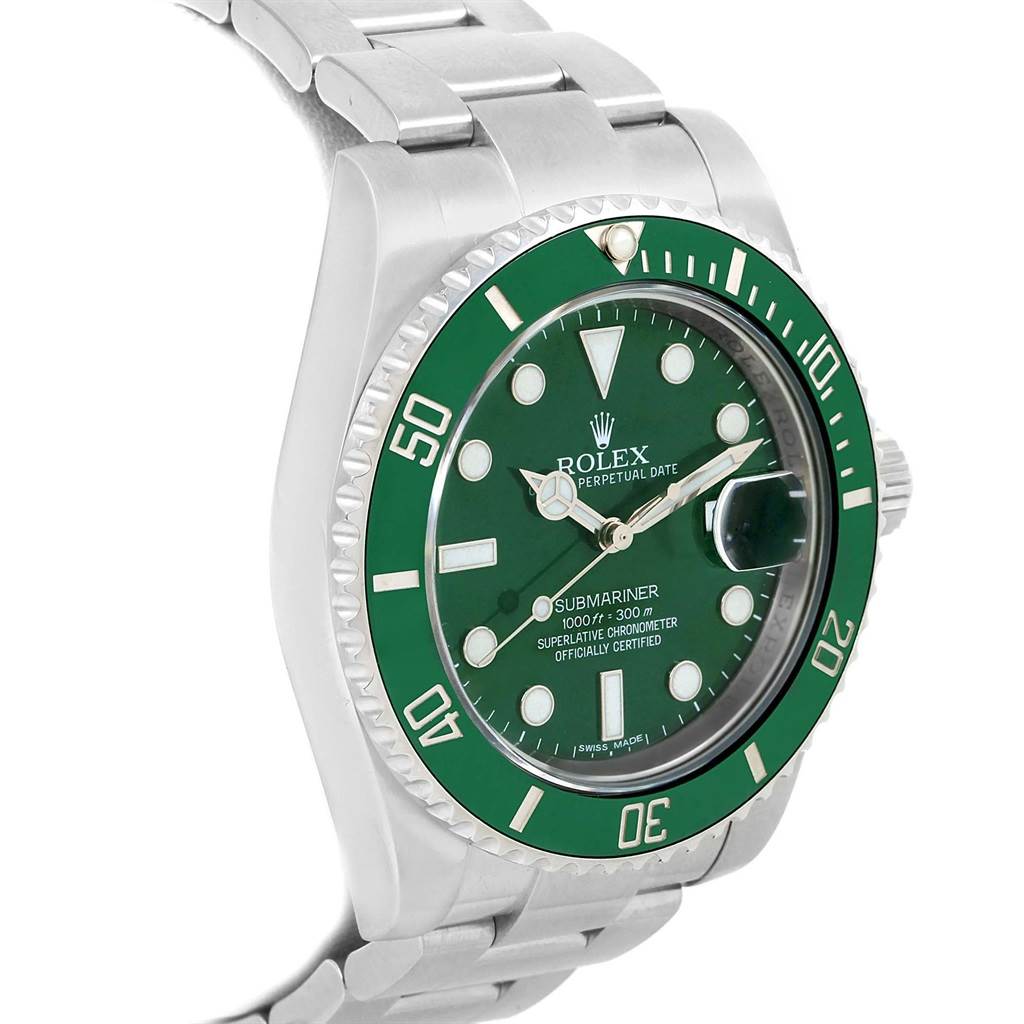This image shows a Rolex Submariner 116610LV Men
s Stainless Steel Green Dial 116610LV Men
s Stainless Steel Green Dial watch at an angle highlighting the green bezel, dial, and part of the metal bracelet.