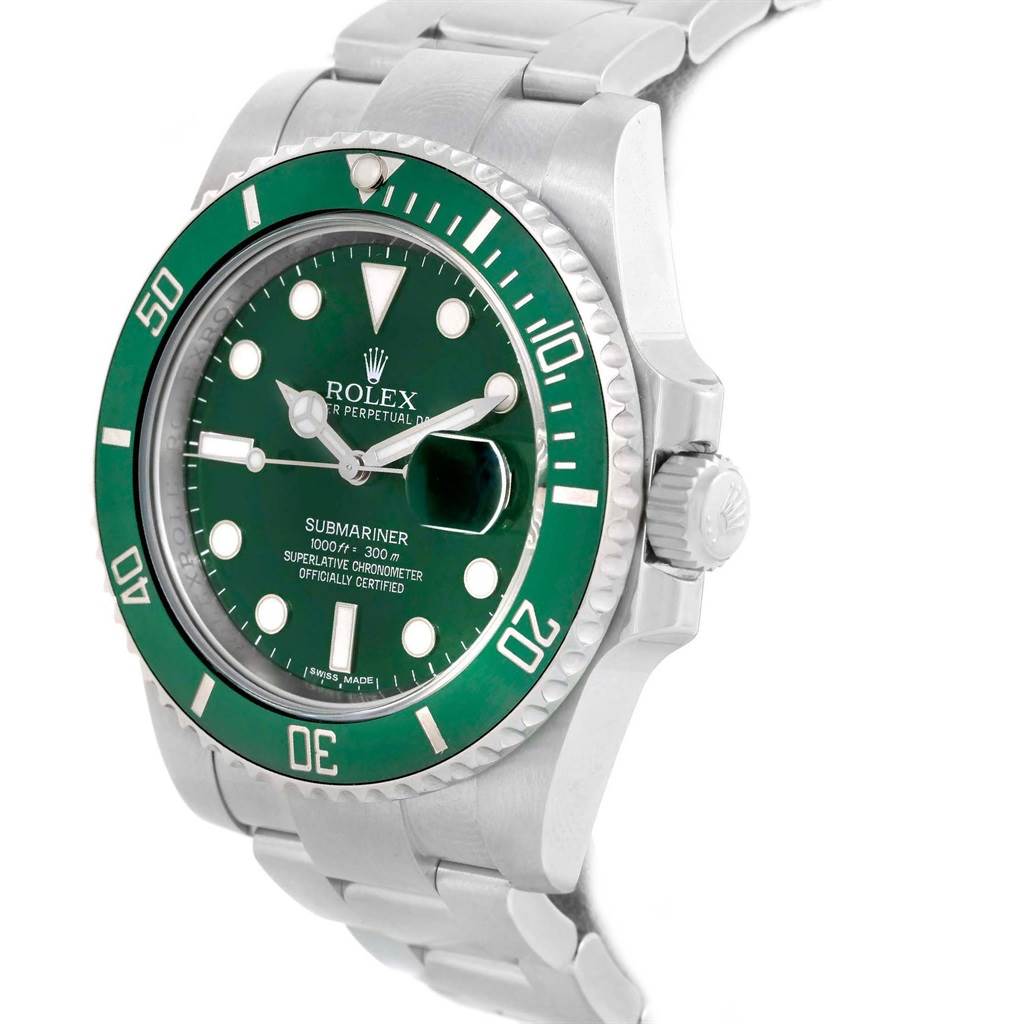 This Rolex Submariner 116610LV Men
s Stainless Steel Green Dial 116610LV Men
s Stainless Steel Green Dial watch is shown at an oblique angle, highlighting the green dial, bezel, crown, and stainless steel bracelet.