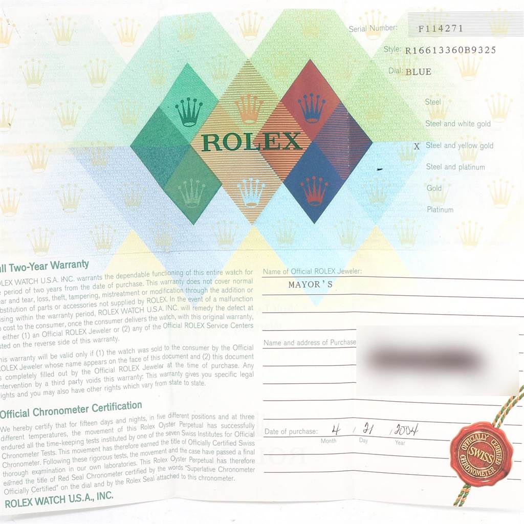 This image shows the warranty and certification document for a Rolex Submariner 16613 Men's Steel and Gold (two tone) Blue Dial 16613 Men's Steel and Gold (two tone) Blue Dial model watch.