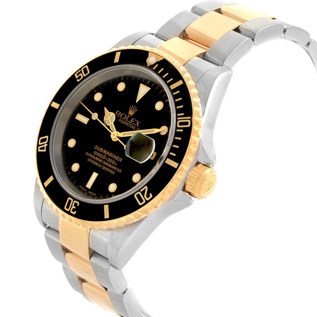 This image shows a side view of a Rolex Submariner 16613 Men's Steel and Gold (two tone) Black Dial 16613 Men's Steel and Gold (two tone) Black Dial watch, highlighting its black dial, two-tone bracelet, and gold bezel and crown.