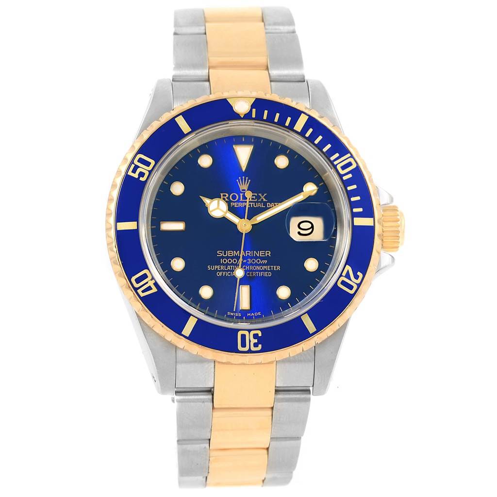 The image shows a front view of a Rolex Submariner 16613 Men's Steel and Gold (two tone) Blue Dial 16613 Men's Steel and Gold (two tone) Blue Dial watch with a blue dial and two-tone bracelet.