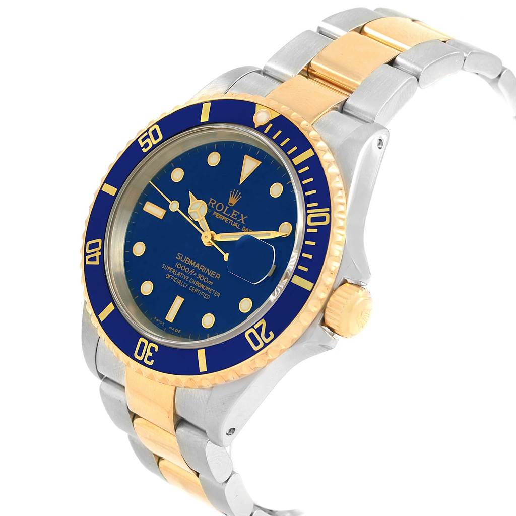 The image shows a side angle of the Rolex Submariner 16613 Men's Steel and Gold (two tone) Blue Dial 16613 Men's Steel and Gold (two tone) Blue Dial watch, highlighting its blue bezel, blue dial, and two-tone bracelet.