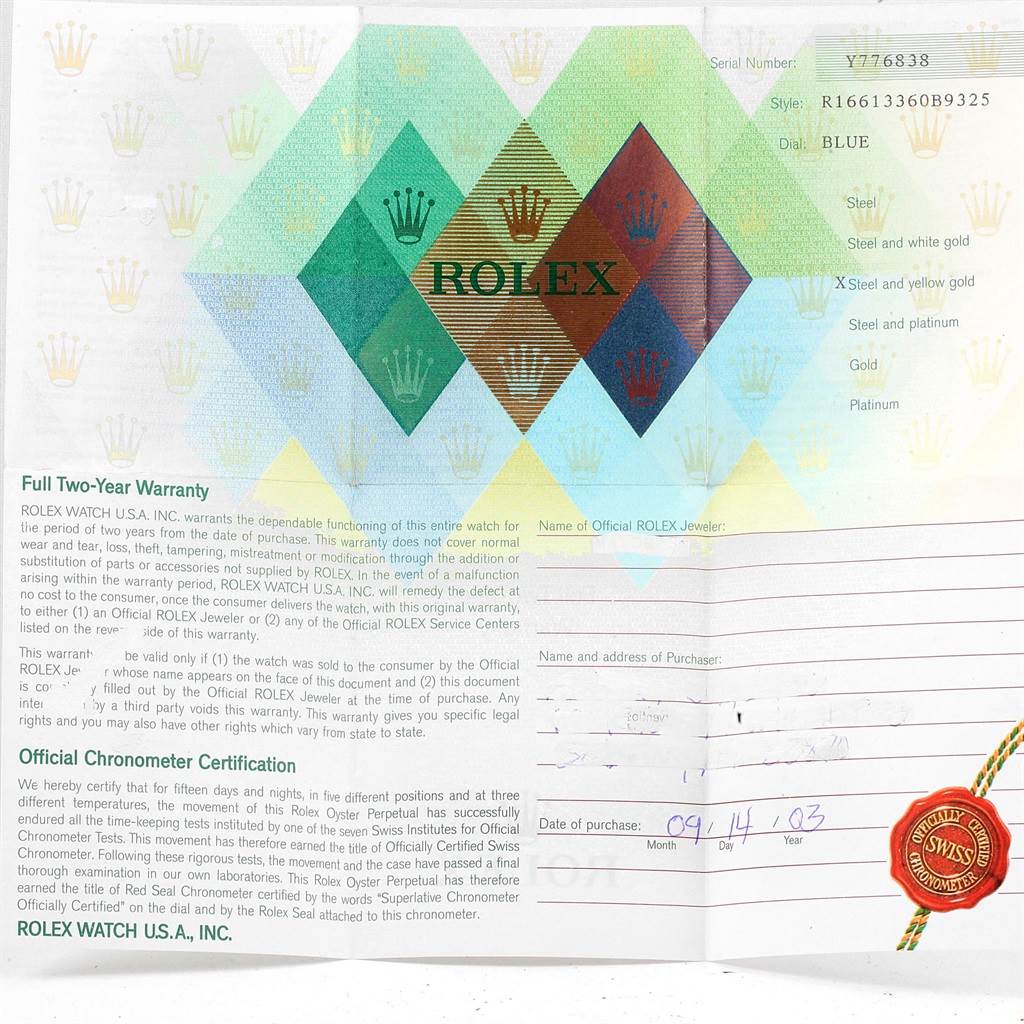 The image shows the warranty and certification document for a Rolex Submariner 16613 Men's Steel and Gold (two tone) Blue Dial 16613 Men's Steel and Gold (two tone) Blue Dial model, including details about the warranty, official certification, and purchase information.