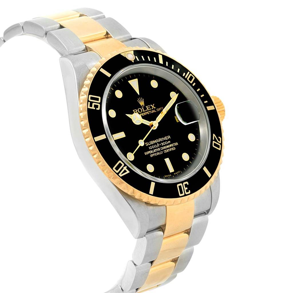 The image shows a side-angle view of a Rolex Submariner 16613 Men's Steel and Gold (two tone) Black Dial 16613 Men's Steel and Gold (two tone) Black Dial, displaying its two-tone bracelet and black dial with gold markers.