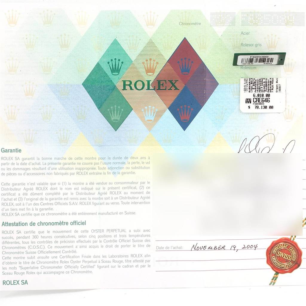 The image shows a warranty certificate for a Rolex Submariner 16613 Men's Steel and Gold (two tone) Black Dial 16613 Men's Steel and Gold (two tone) Black Dial watch, highlighting the brand's logo and purchase date.