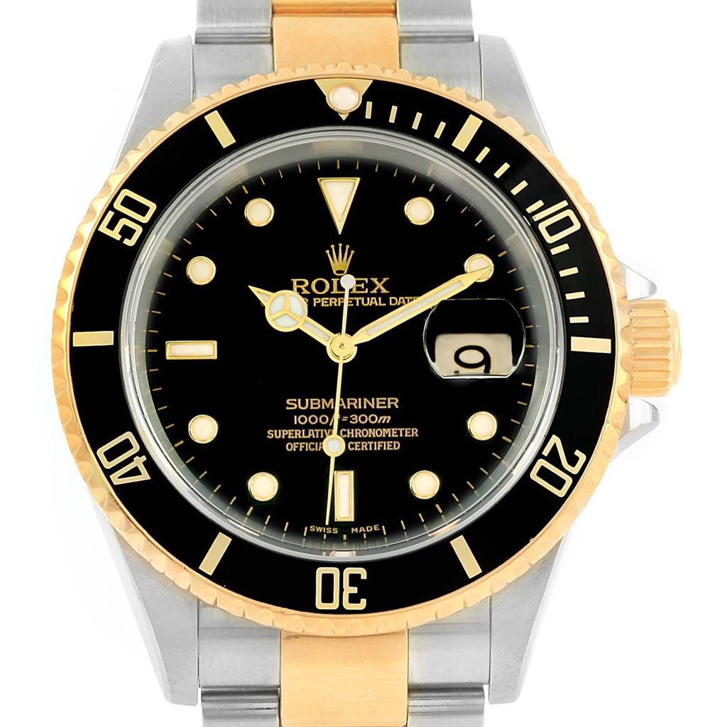 This image shows a front view of the Rolex Submariner 16613 Men's Steel and Gold (two tone) Black Dial 16613 Men's Steel and Gold (two tone) Black Dial watch, highlighting the bezel, dial, crown, and gold-accented bracelet.