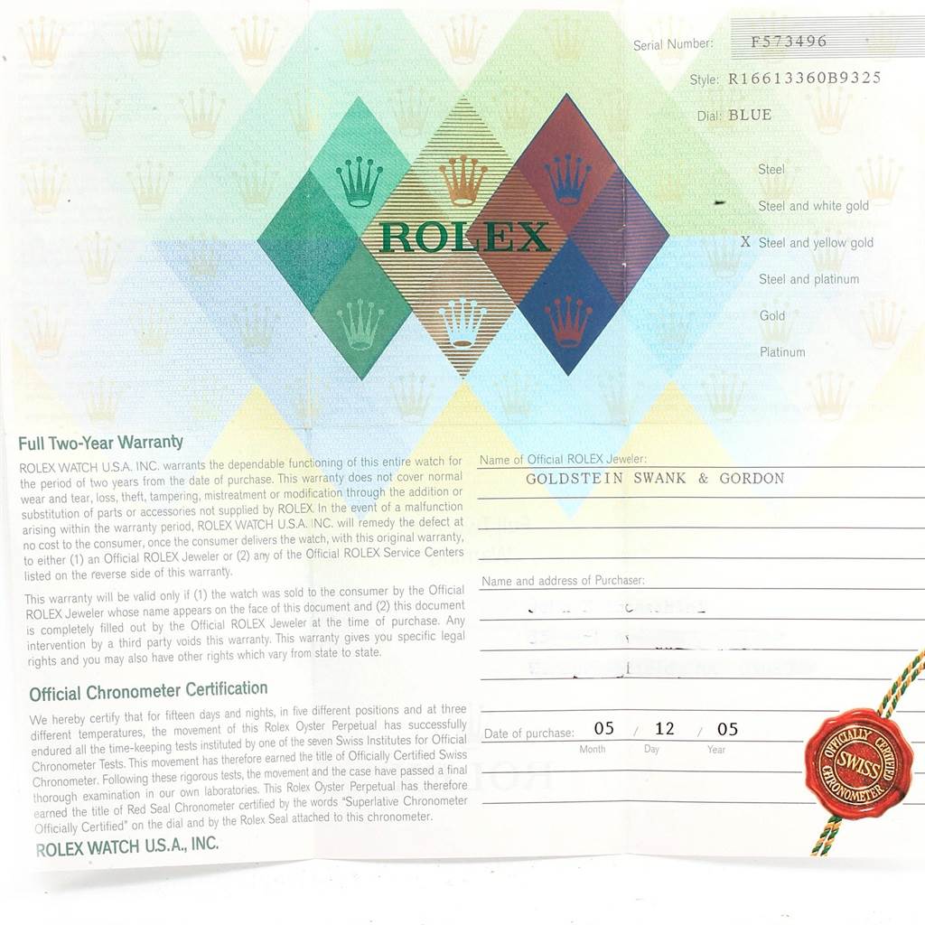 This image shows the warranty and certification paperwork for a Rolex Submariner 16613 Men's Steel and Gold (two tone) Blue Dial 16613 Men's Steel and Gold (two tone) Blue Dial watch.