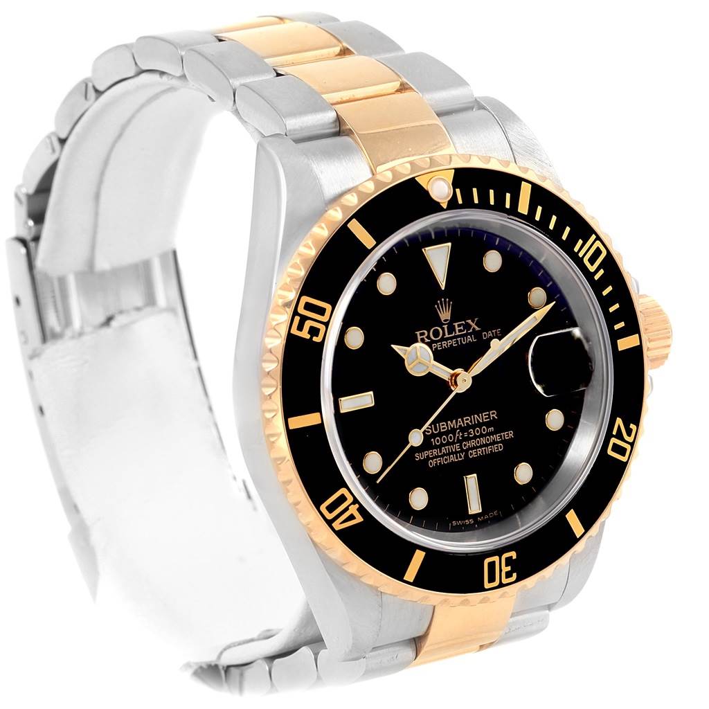 This image shows a side angle of a Rolex Submariner 16613 Men's Steel and Gold (two tone) Black Dial 16613 Men's Steel and Gold (two tone) Black Dial watch, displaying its bezel, dial, and bracelet.