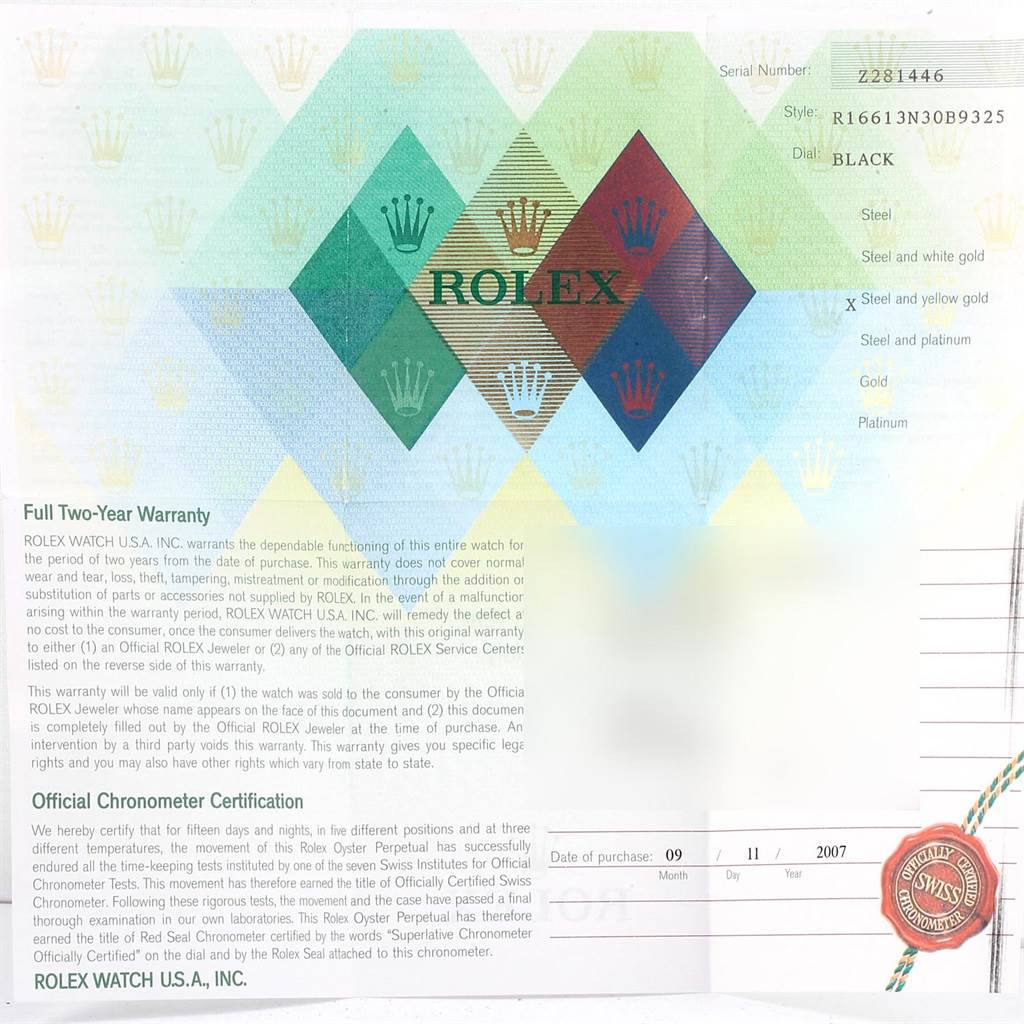 This image shows the warranty card of a Rolex Submariner 16613 Men's Steel and Gold (two tone) Black Dial 16613 Men's Steel and Gold (two tone) Black Dial model, including the serial number, style, dial, and purchase date.