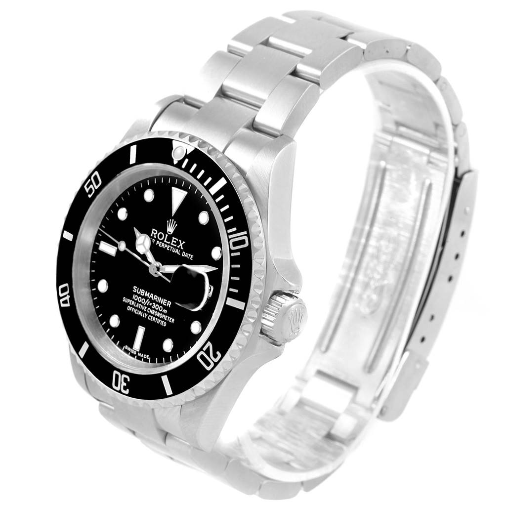 The image shows a close-up angled view of a Rolex Submariner 16610 Men's Stainless Steel Black Dial 16610 Men's Stainless Steel Black Dial watch, highlighting the face, bezel, case, and part of the metal bracelet.