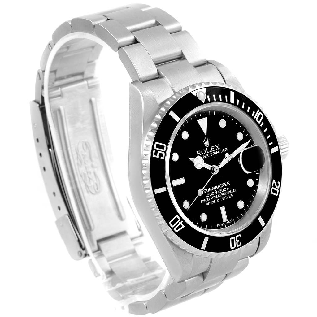 The image shows a Rolex Submariner 16610 Men's Stainless Steel Black Dial 16610 Men's Stainless Steel Black Dial watch at a three-quarter angle, highlighting its dial, bezel, and bracelet.