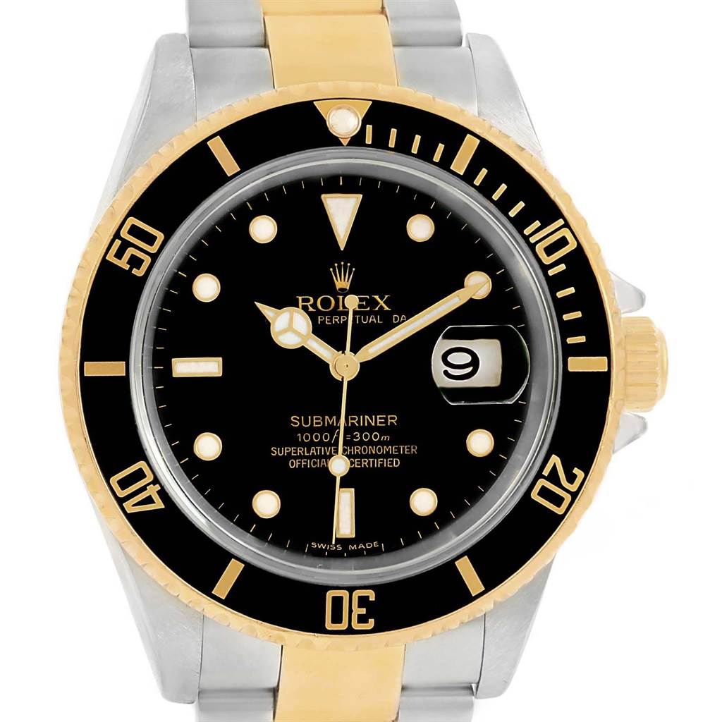 The image shows a front view of the Rolex Submariner 16613 Men's Steel and Gold (two tone) Black Dial 16613 Men's Steel and Gold (two tone) Black Dial watch, highlighting the dial, bezel, and part of the bracelet.