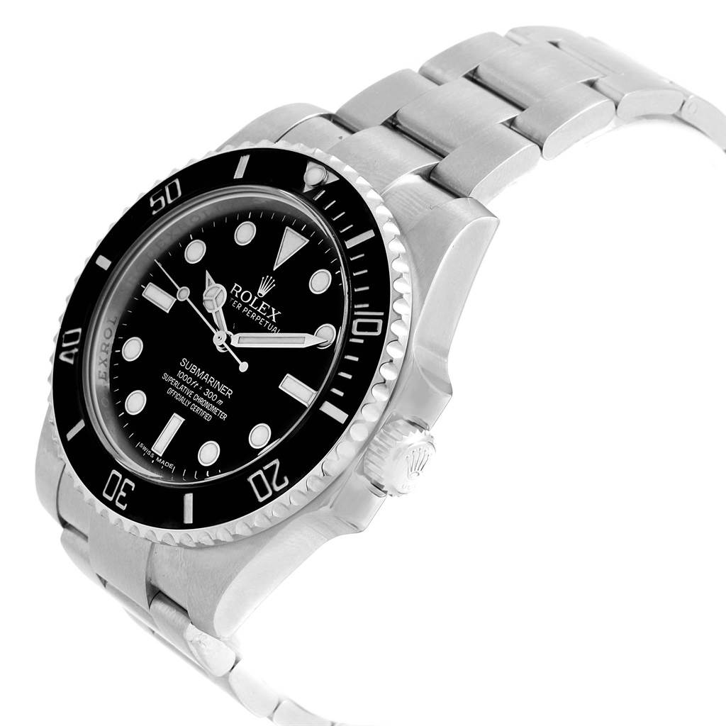 The image displays a side angle of the Rolex Submariner 114060 Men's Stainless Steel Black Dial 114060 Men's Stainless Steel Black Dial watch, showcasing its face, bezel, crown, and stainless steel bracelet.