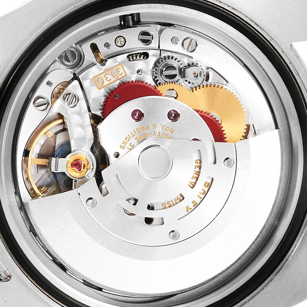 This is a close-up view of the movement mechanism inside a Rolex Submariner 114060 Men's Stainless Steel Black Dial 114060 Men's Stainless Steel Black Dial watch.