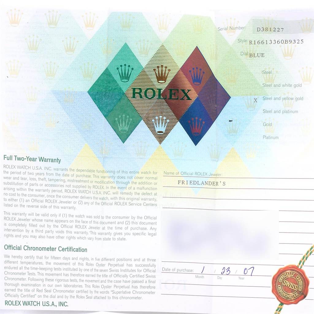 This image shows a warranty card and official chronometer certification for a Rolex Submariner 16613 Men's Steel and Gold (two tone) Blue Dial 16613 Men's Steel and Gold (two tone) Blue Dial watch.