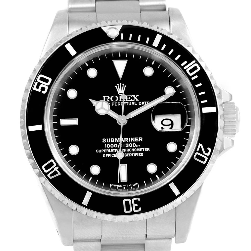 The image shows a front view of the face and bezel of a Rolex Submariner 16610 Men's Stainless Steel Black Dial 16610 Men's Stainless Steel Black Dial watch.