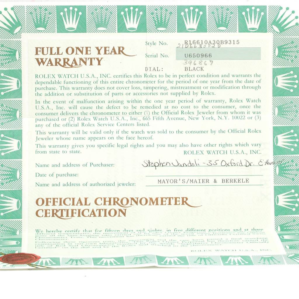 This image shows the warranty certificate for a Rolex Submariner 16610 Men's Stainless Steel Black Dial 16610 Men's Stainless Steel Black Dial watch.