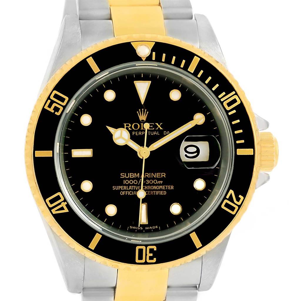 The image shows a frontal view of the Rolex Submariner 16613 Men's Steel and Gold (two tone) Black Dial 16613 Men's Steel and Gold (two tone) Black Dial watch, highlighting the bezel, dial, and part of the bracelet.