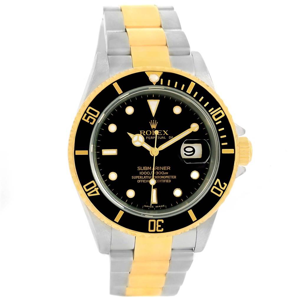 The image shows a front view of a Rolex Submariner 16613 Men's Steel and Gold (two tone) Black Dial 16613 Men's Steel and Gold (two tone) Black Dial watch, highlighting the dial, bezel, and bracelet.