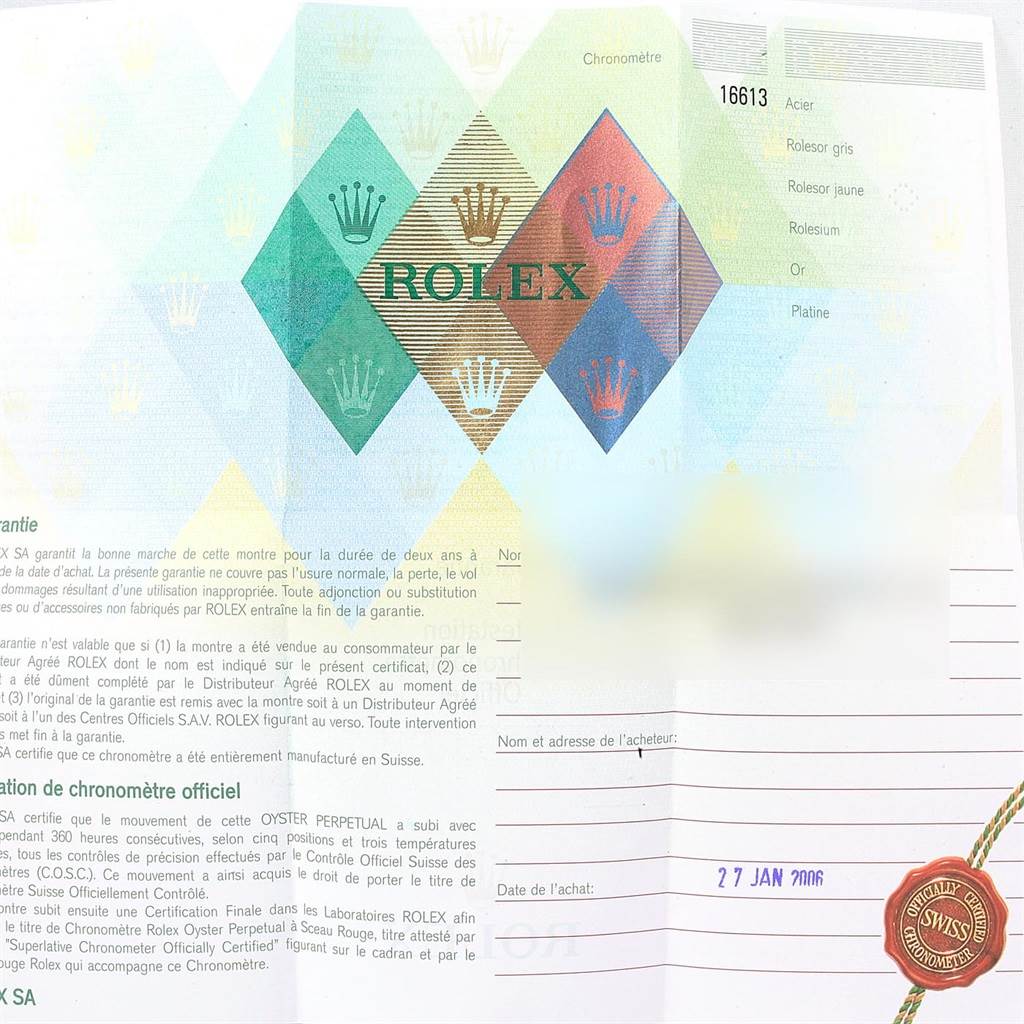 This image shows a close-up of the warranty certificate for a Rolex Submariner 16613 Men's Steel and Gold (two tone) Black Dial 16613 Men's Steel and Gold (two tone) Black Dial model wristwatch, including branding and purchase details.