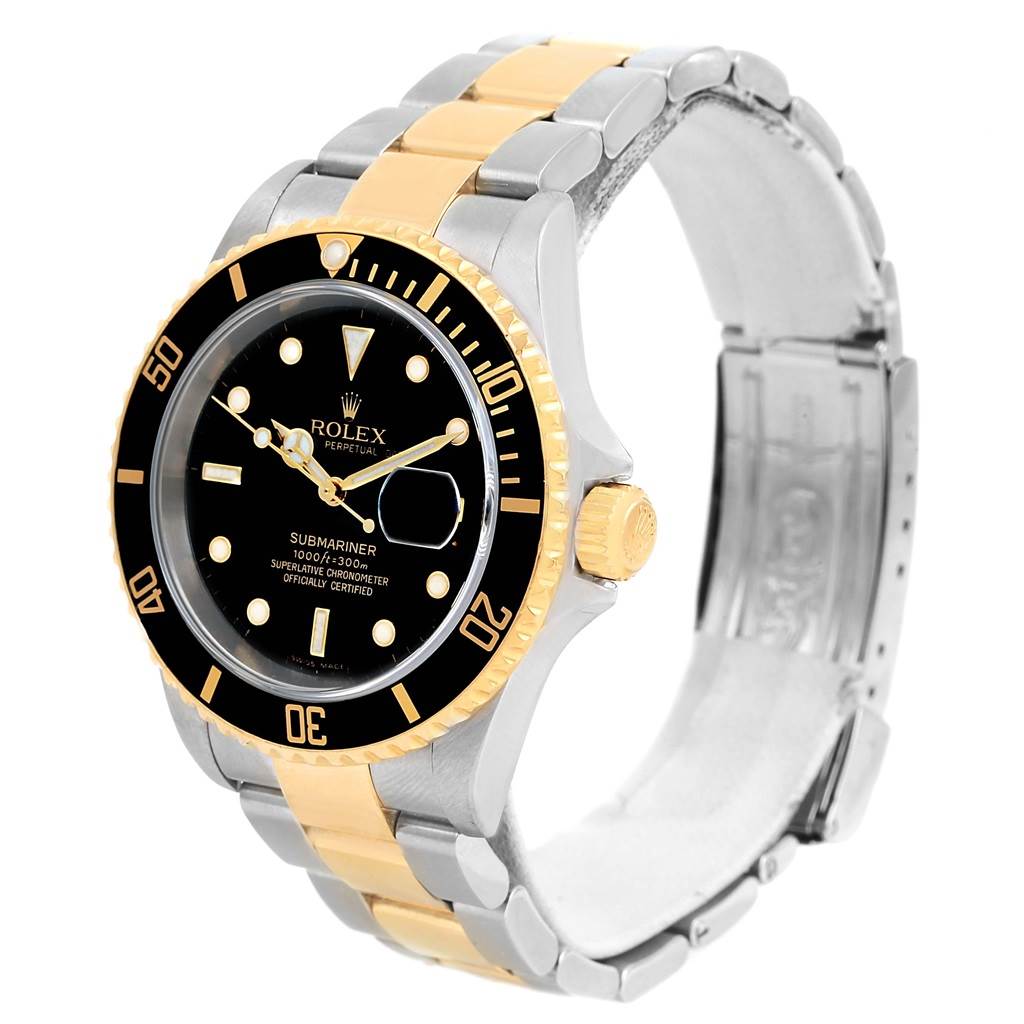The image shows a two-tone Rolex Submariner 16613 Men's Steel and Gold (two tone) Black Dial 16613 Men's Steel and Gold (two tone) Black Dial watch at a three-quarter angle, highlighting the dial, bezel, and bracelet.