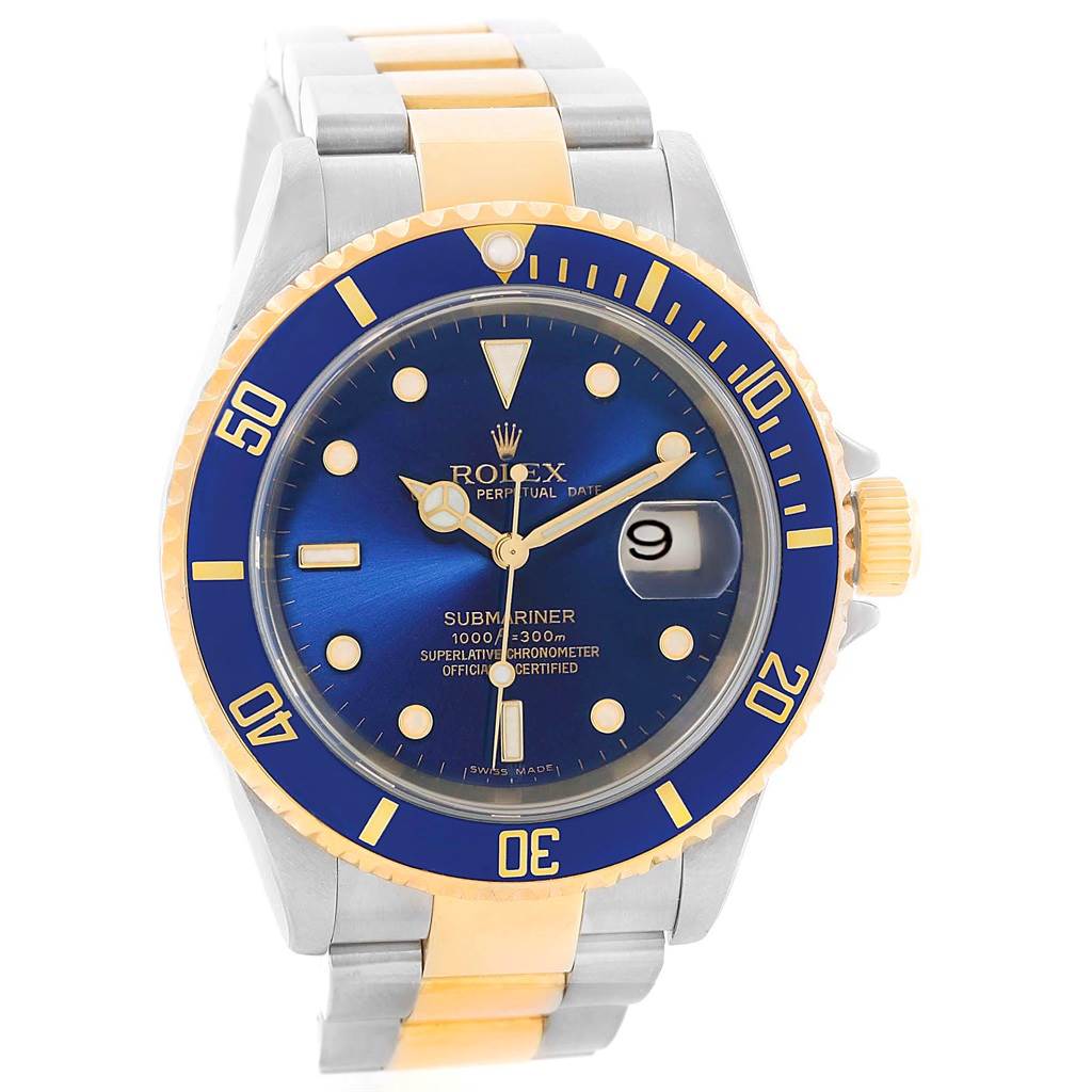 The image shows a frontal view of a Rolex Submariner 16613 Men's Steel and Gold (two tone) Blue Dial 16613 Men's Steel and Gold (two tone) Blue Dial watch with a blue dial and bezel, gold accents, and a two-tone metal bracelet.