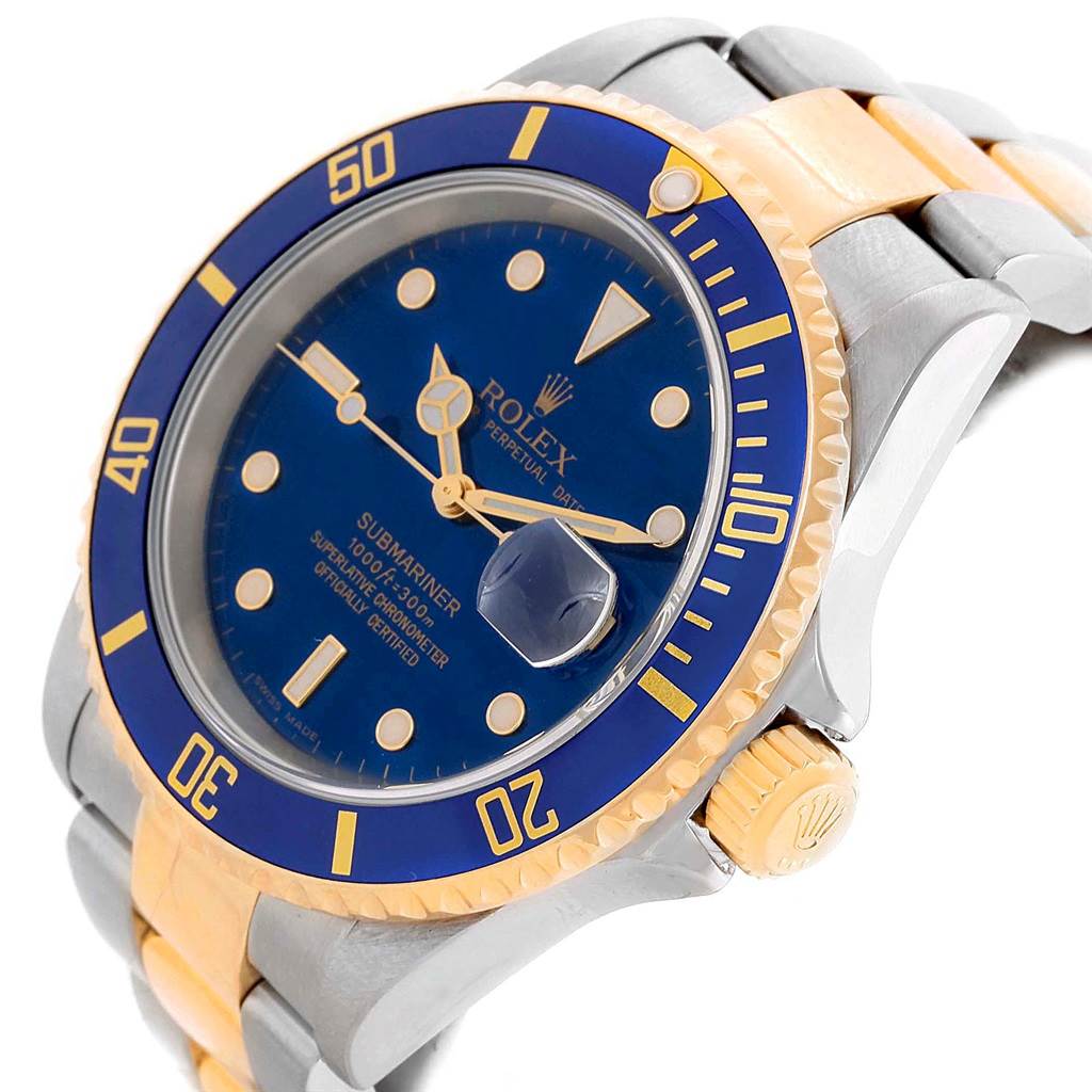 This image shows a side angle of the Rolex Submariner 16613 Men's Steel and Gold (two tone) Blue Dial 16613 Men's Steel and Gold (two tone) Blue Dial, featuring its blue dial, bezel, and part of the bracelet.