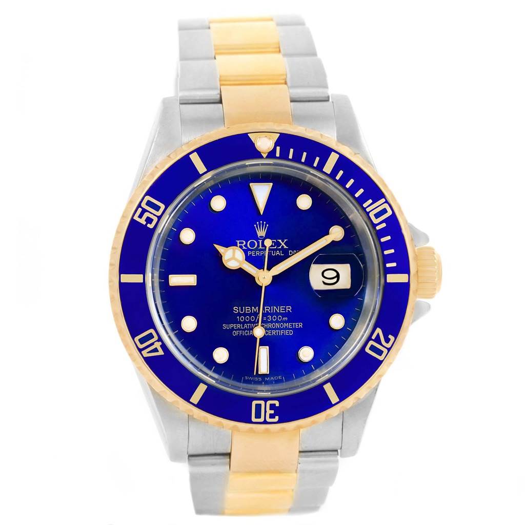 The image shows a front view of a Rolex Submariner 16613 Men's Steel and Gold (two tone) Blue Dial 16613 Men's Steel and Gold (two tone) Blue Dial watch featuring a blue dial and bezel with a stainless steel and gold bracelet.