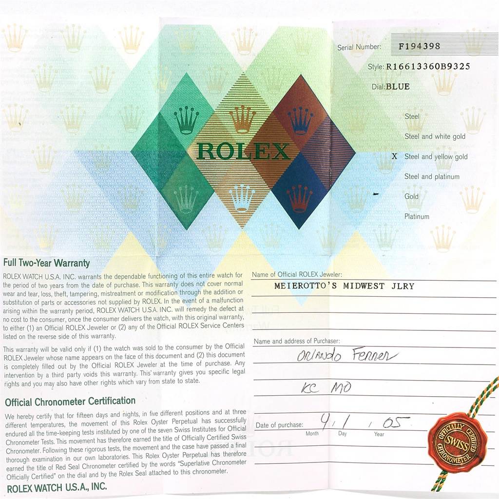 This image shows the warranty card for a Rolex Submariner 16613 Men's Steel and Gold (two tone) Blue Dial 16613 Men's Steel and Gold (two tone) Blue Dial watch, detailing the model, serial number, dial, and materials.  