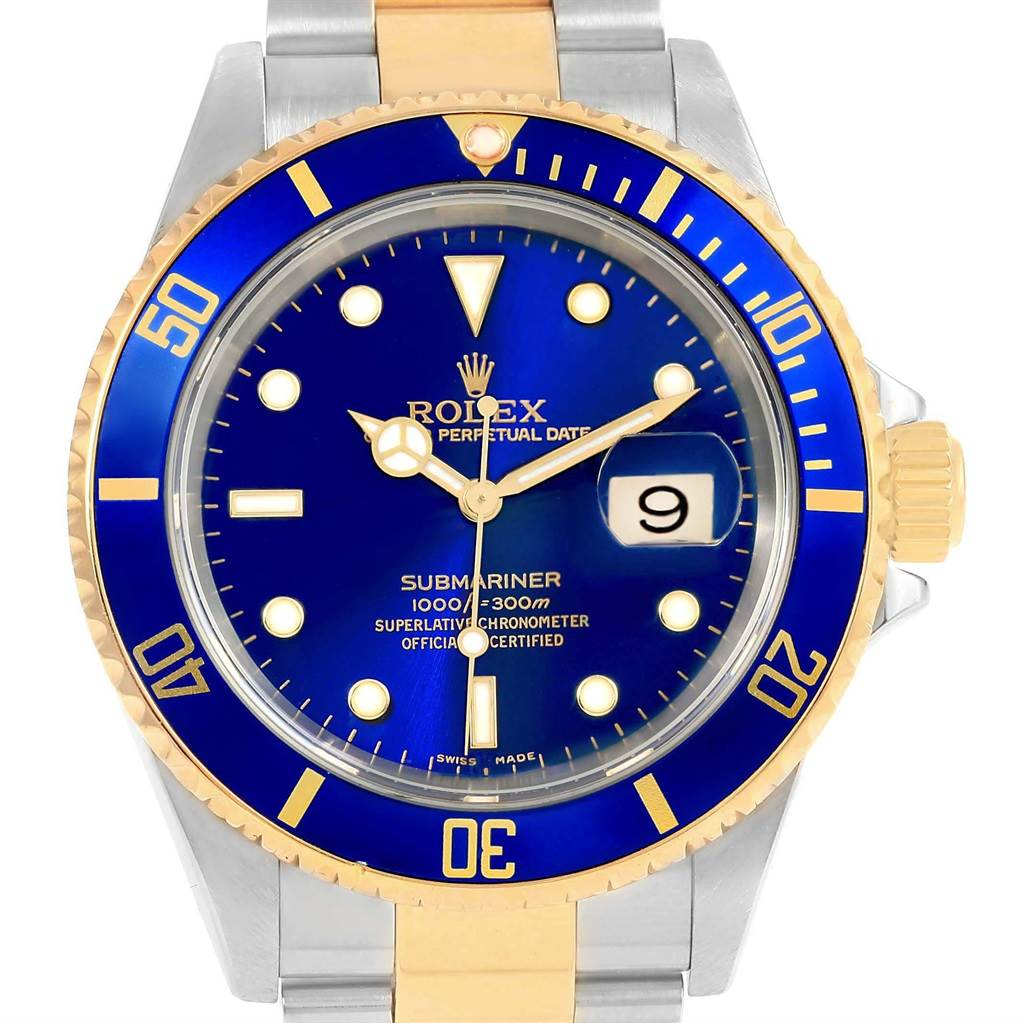 This image shows a frontal view of the Rolex Submariner 16613 Men's Steel and Gold (two tone) Blue Dial 16613 Men's Steel and Gold (two tone) Blue Dial watch, highlighting the dial, bezel, and part of the two-tone bracelet.