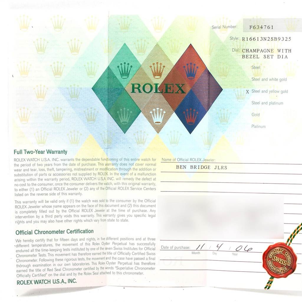This image shows the warranty and certification card for the Rolex Submariner 16613 Men's Steel and Gold (two tone) Champagne Dial 16613 Men's Steel and Gold (two tone) Champagne Dial watch model.