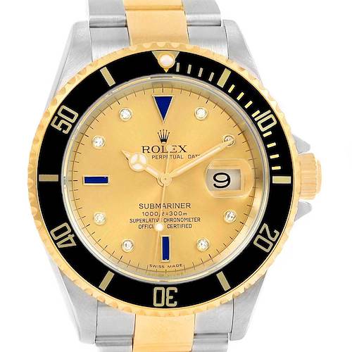 Photo of Rolex Submariner Steel Gold Diamond Sapphire Serti Dial Mens Watch 16613