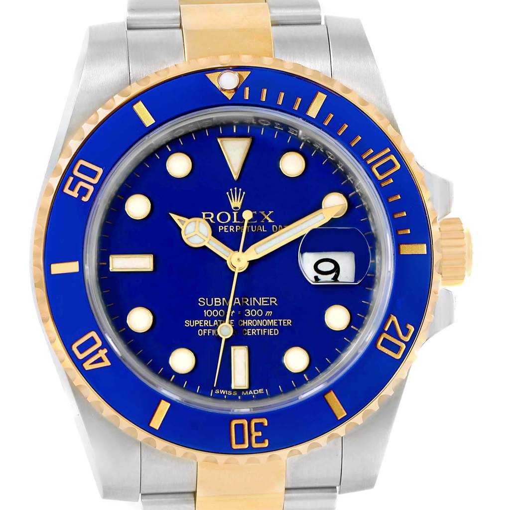 Rolex Submariner Blue Dial Steel Yellow Gold Mens Watch 116613 Box Card ...