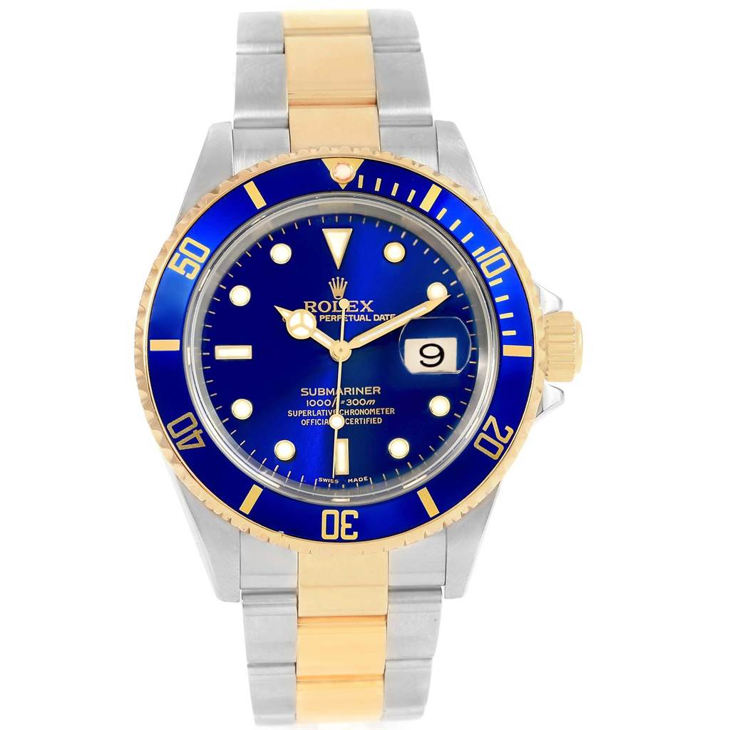 This image shows a frontal view of a Rolex Submariner 16613 Men's Steel and Gold (two tone) Blue Dial 16613 Men's Steel and Gold (two tone) Blue Dial watch, displaying its face, bezel, and bracelet.
