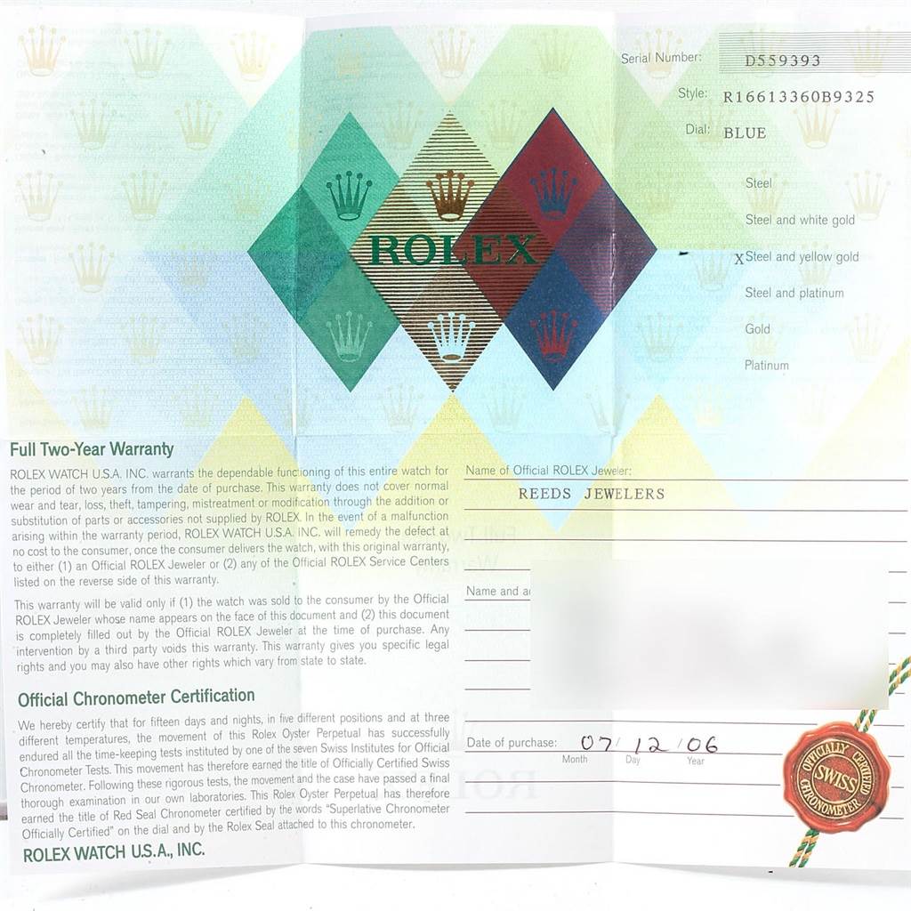 This image shows a warranty card for a Rolex Submariner 16613 Men's Steel and Gold (two tone) Blue Dial 16613 Men's Steel and Gold (two tone) Blue Dial model, including model number, serial number, and purchase details.