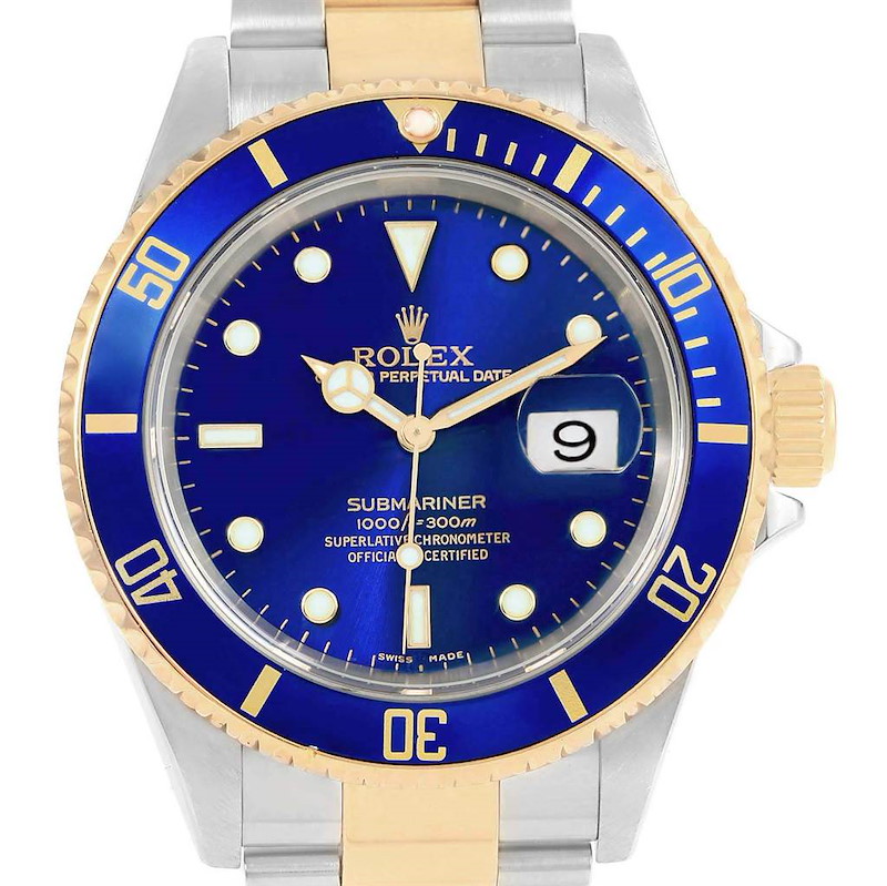 Rolex Submariner Blue Dial Bezel Steel Gold Watch 16613 Box Papers SwissWatchExpo