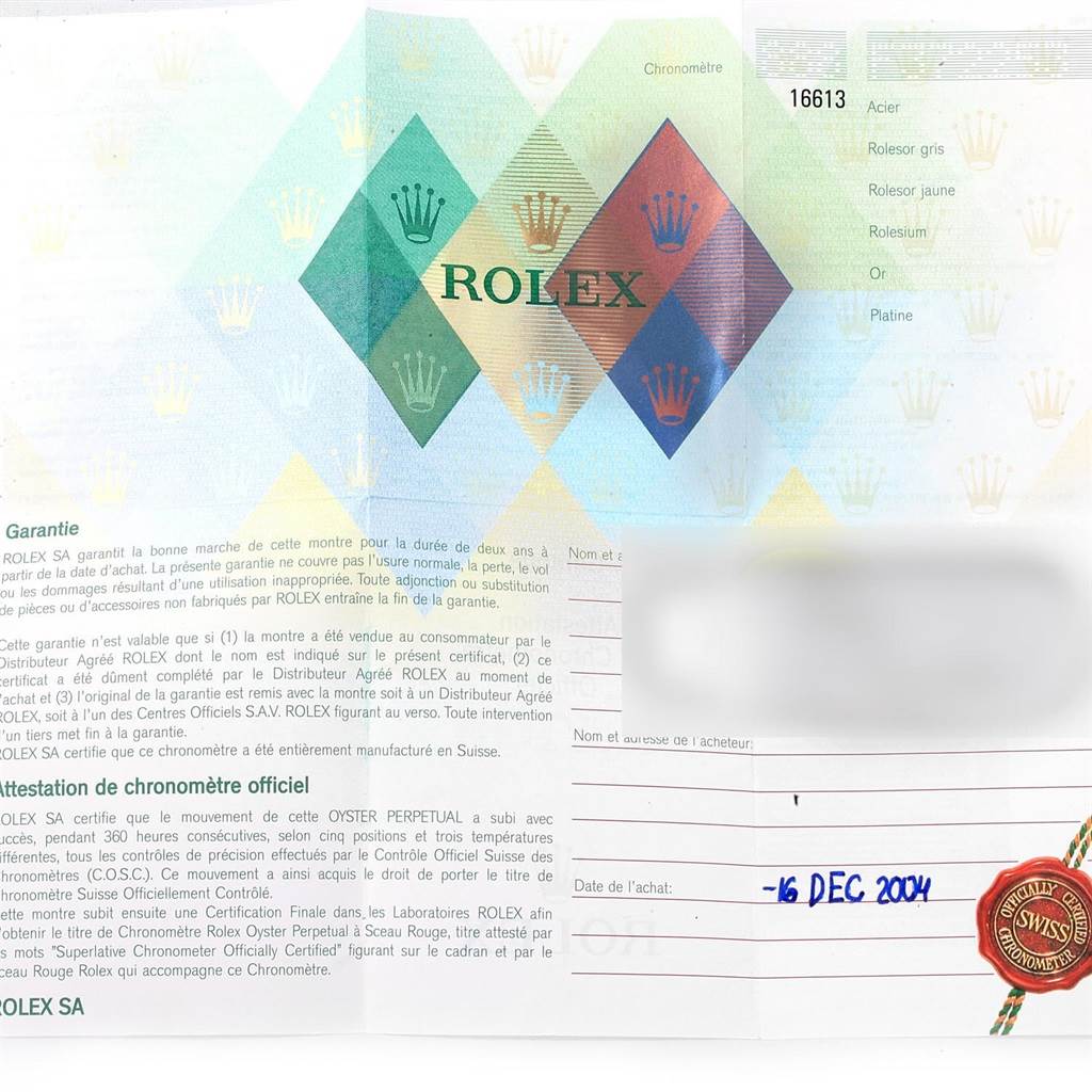 The image shows a warranty certificate for the Rolex Submariner 16613 Men's Steel and Gold (two tone) Blue Dial 16613 Men's Steel and Gold (two tone) Blue Dial, including the date of purchase, serial number, and official seal.