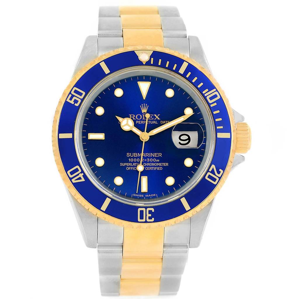 This image shows a front view of the Rolex Submariner 16613 Men's Steel and Gold (two tone) Blue Dial 16613 Men's Steel and Gold (two tone) Blue Dial watch, highlighting the bezel, dial, hands, and bracelet.