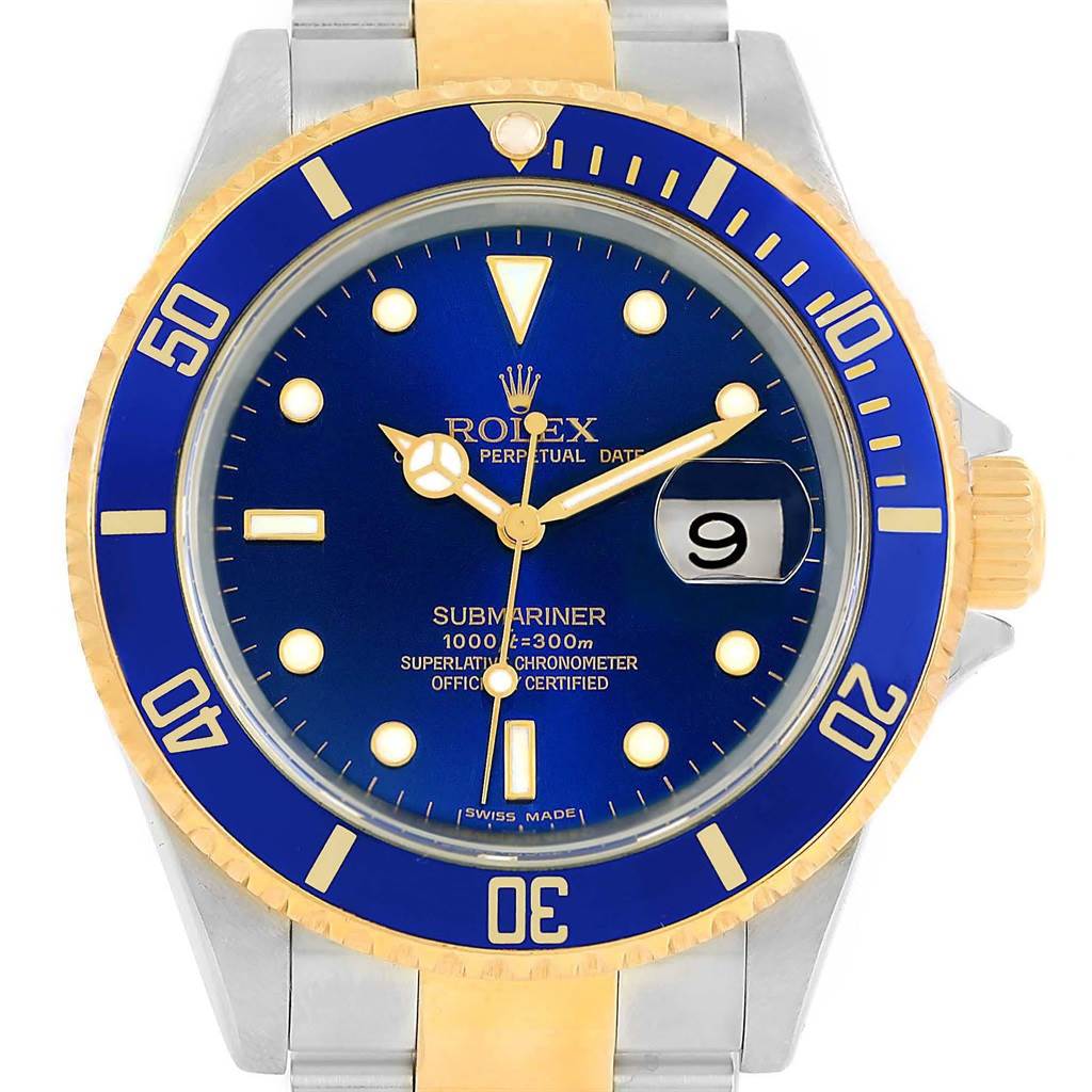 This image shows a front view of a Rolex Submariner 16613 Men's Steel and Gold (two tone) Blue Dial 16613 Men's Steel and Gold (two tone) Blue Dial watch, highlighting the dial, bezel, and bracelet.