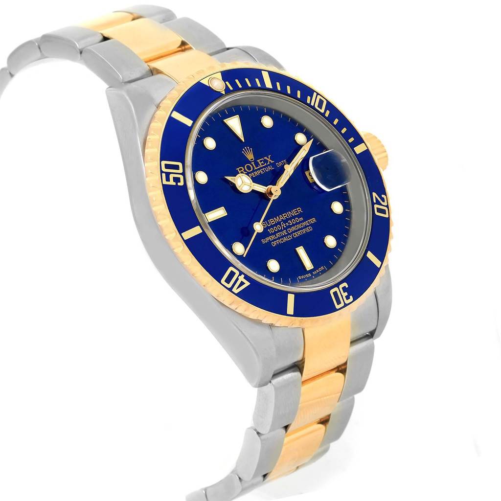 This image shows a side angle of a Rolex Submariner 16613 Men's Steel and Gold (two tone) Blue Dial 16613 Men's Steel and Gold (two tone) Blue Dial, highlighting the blue dial, bezel, and two-tone bracelet.