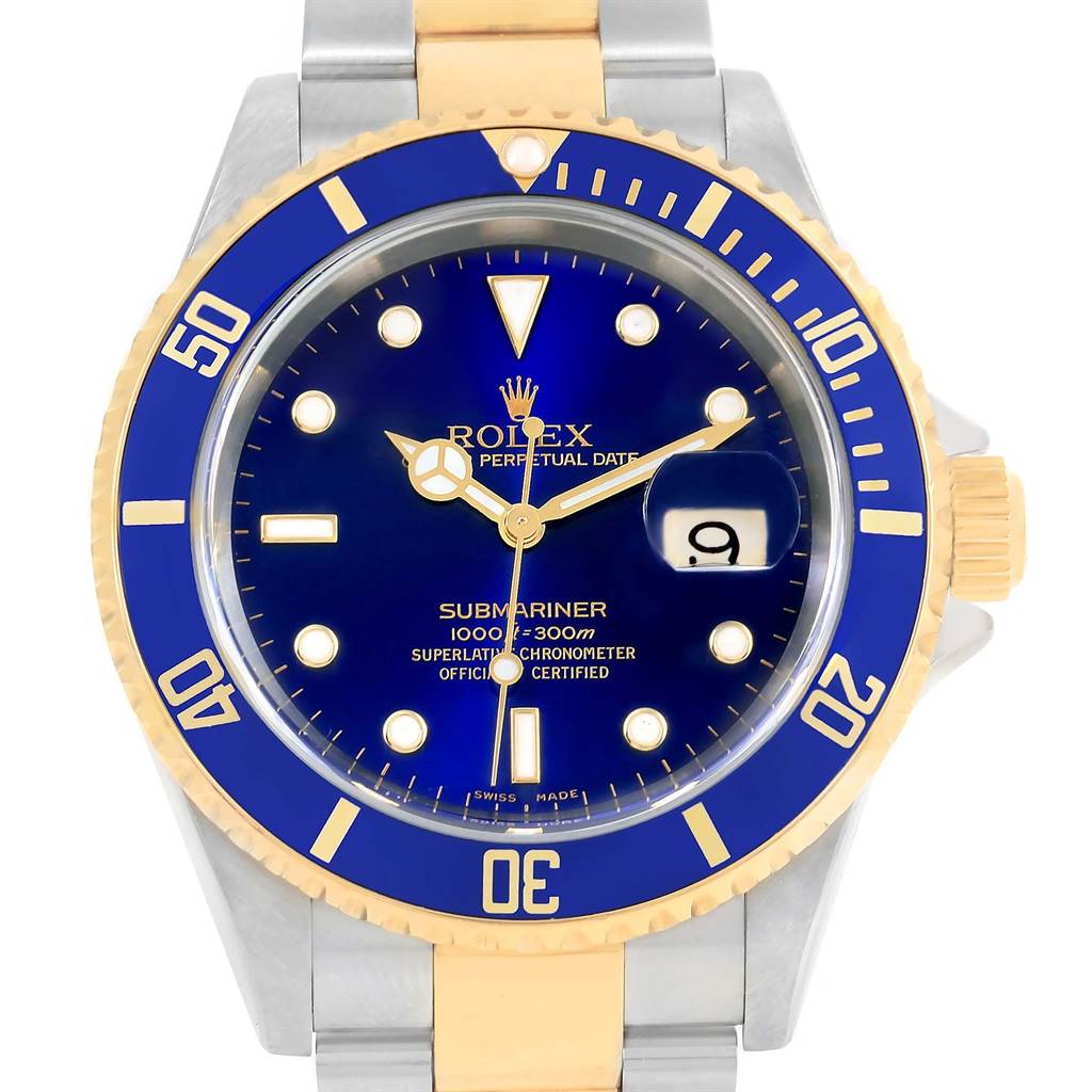 Rolex Submariner Blue Dial and Bezel Steel Gold Watch 16613 Box Papers ...