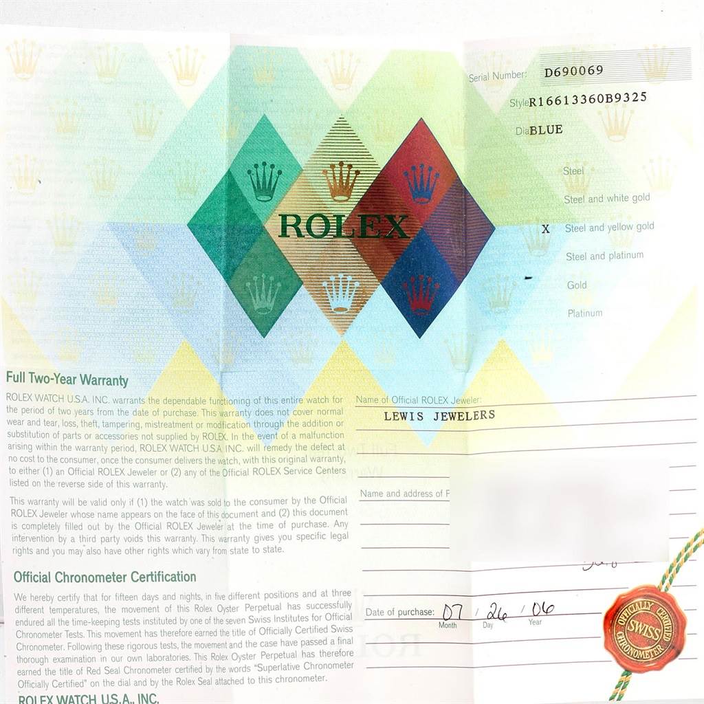 This image shows the official warranty card for a Rolex Submariner 16613 Men's Steel and Gold (two tone) Blue Dial 16613 Men's Steel and Gold (two tone) Blue Dial watch, including purchase details and certification information.