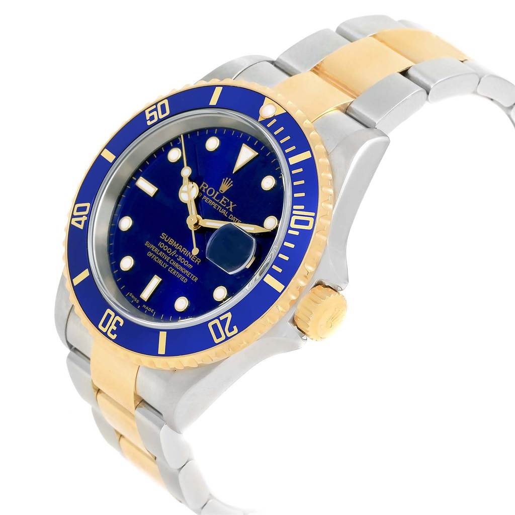 This image shows a Rolex Submariner 16613 Men's Steel and Gold (two tone) Blue Dial 16613 Men's Steel and Gold (two tone) Blue Dial watch from a side angle, highlighting the blue dial, bezel, and two-tone bracelet.